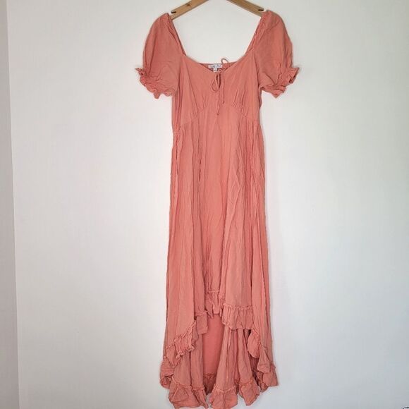 Patrons of Peace Peach Asymmetrical High Low Milkmaid Puff Sleeve Sundress S - Picture 1 of 7
